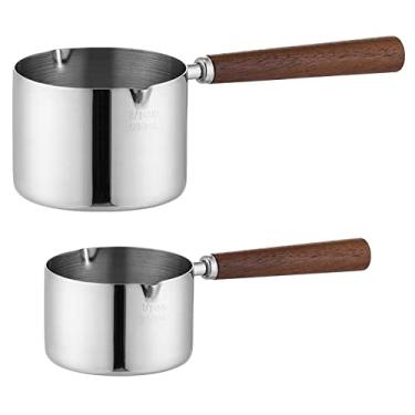 Imagem de UPTALY Conjunto de 2 aquecedores de manteiga (500 ml + 250 ml), pote de leite de aço inoxidável com alça de madeira, pequenos jarros de leite com balança, mini jarra de café com porta divisória, caldeira de ovos, panela com cabo de madeira