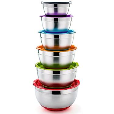 Imagem de P&P CHEF Tigelas de mistura com tampas, conjunto de 6, tigelas de mistura de aço inoxidável e tampas de encaixe e fundo de silicone antiderrapante, ideal para misturar, armazenar, tamanho