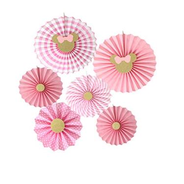 Imagem de 6 peças de fãs de papel Minnie Mouse | Fundo inspirado em Minnie Mouse | Torcedores de papel Minnie Mouse | Rosas de papel rosa e dourado | Minnie Mouse 1º aniversário | Decoração de Minnie Mouse