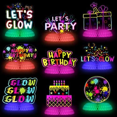 Imagem de 9 Pcs Real Glow in Dark Party Honeycomb Centerpiece, Reflective Ink Printing Neon Honeycomb Birthday Decorations Colorful Table Decorations for UV Glow Theme Party Favor Supplies