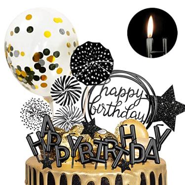 Imagem de MOVINPE Topo de bolo preto com velas de feliz aniversário, faixa de feliz aniversário, fãs de papel confete balão fãs de papel glitter estrela cupcake Topper para decoração de festa temática preta, festa de aniversário