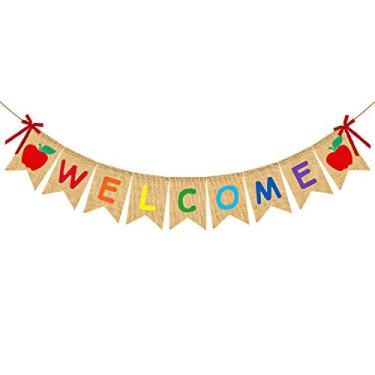 Imagem de Adurself – Banner de estopa de boas-vindas para decoração de festa escolar, primeiro dia de aula, juta de juta para pendurar na parede para pré-escola, jardim de infância, sala de aula, sala de estar, decoração de festa
