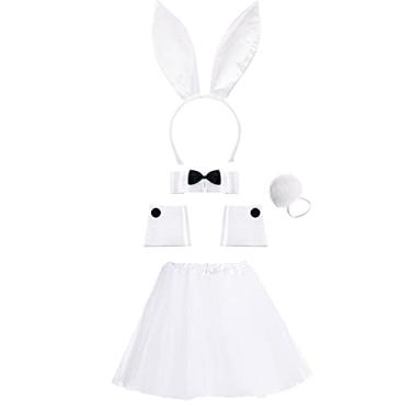Imagem de Conjunto de fantasia de coelho para mulheres, orelha de coelho, faixa de cabeça, gola, gravata borboleta, cauda de coelho, saia tutu para festa de Halloween, Branco, M