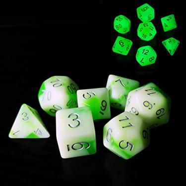 Imagem de Bescon Conjunto de dados poliédricos brilhantes RPG jade luminoso, conjunto de 7 dados Bescon que brilham em poliéster escuro, dados de jogo de RPG DND
