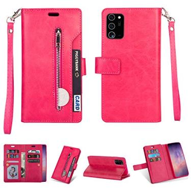 Imagem de Capa para Samsung Galaxy Note 20, carteira de couro PU fólio flip capa com zíper bolso slots para cartão fecho magnético capa protetora à prova de choque com alça de pulso para Samsung Galaxy Note 20 (rosa vermelha)