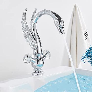 Imagem de Torneira para lavatório cisne dourado Torneira de banheiro montada no convés Torneira misturadora de água quente e fria Torneira de água para banho Torneiras para lavatório, cromadas