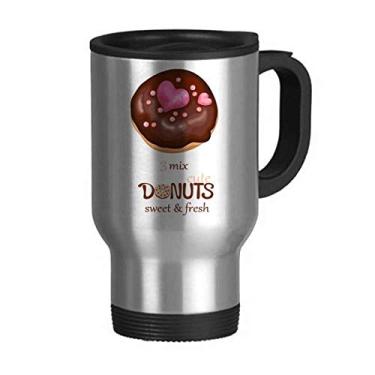 Imagem de Caneca de viagem com coração chocolate rosquinha, sobremesa, doce comida de viagem, tampa de aço inoxidável, copo de carro