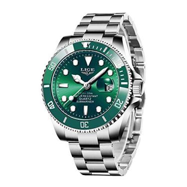 Imagem de Relógios masculinos modernos de aço inoxidável para homens esportes à prova d'água relógios de luxo marca LIGE relógio de pulso casual azul relógio de data.., Verde, 8.07