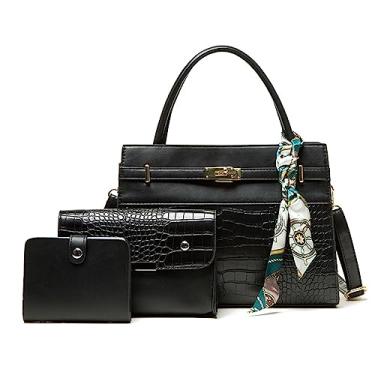 Imagem de Bolsa feminina elegante de couro com estampa de crocodilo com 3 peças, moda feminina, alça superior, bolsa transversal, Preto