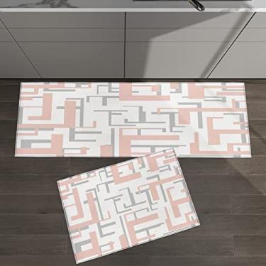 Imagem de Conjunto de 2 tapetes de cozinha padrão geométrico de meados do século rosa cinza branco decoração moderna para tapetes acolchoados de chão e tapetes antiderrapante absorvente corredor confortável tapete de pé