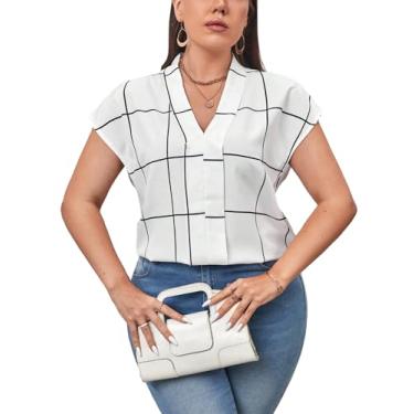 Imagem de COZYEASE Blusa feminina plus size com estampa xadrez gola V elegante camisa de manga curta tops roupa de trabalho, Preto e branco, 3G Plus Size