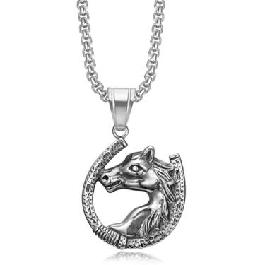 Imagem de NEGS Colar de aço inoxidável com pingente de cavalo da sorte banhado a ouro 18 K, 2 peças de correntes em camadas de 51 cm de 61 cm, joias de festa em ferradura hip hop, presente de animal para homens