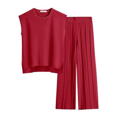Imagem de ANRABESS Conjuntos de suéter de verão de duas peças para mulheres, pulôver de malha, calça de cintura elástica, conjunto de lounge, agasalho, Vermelho, Medium