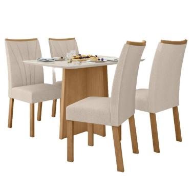 Imagem de Conjunto Mesa de Jantar Celebrare 1,20 com vidro e 4 cadeiras Apogeu Tecido Linho Rinzai Bege Amendoa Clean/off White