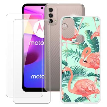 Imagem de MILEGOO Capa para Motorola Moto E40 + 2 peças protetoras de tela de vidro temperado, capa de TPU de silicone macio à prova de choque para Motorola Moto E30 (6,5 polegadas) Flamingo