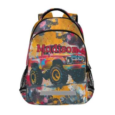 Imagem de CHIFIGNO Mochila infantil personalizada para meninas e meninos, mochila escolar personalizada com nome mochila de viagem personalizada para mulheres e homens, Carro Monster Truck Grunge, Medium