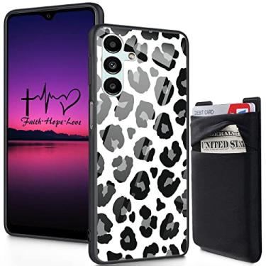 Imagem de FGDRFGRW Carteira adesiva para cartão de telefone, parte traseira de vidro temperado com capa protetora de choque de silicone macio para Samsung Galaxy A14 5G 16.8 cm (2023), estampa de leopardo preto