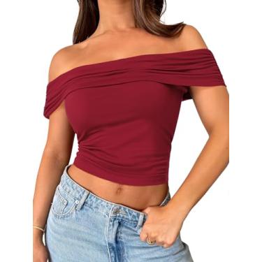 Imagem de MEROKEETY Camisetas femininas de verão 2024 com ombros de fora e manga curta franzidas sexy, Vinho, G