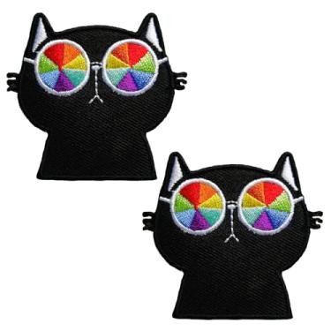 Imagem de CHBROS 2 peças de aplique bordado de gato preto com óculos de ferro/costurar em adesivos para roupas, jaquetas, camisetas, mochilas
