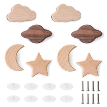 Imagem de Puxadores de armário de madeira em forma de lua em forma de estrela decorativa de madeira com parafusos, puxador de cômoda de berçário para crianças, meninas, meninos, puxadores de gaveta de berçário
