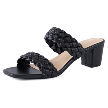 Imagem de Sandálias femininas de salto bloco de tecido bico quadrado de couro confortável sandálias casuais, Salto preto de 5 cm, 6.5