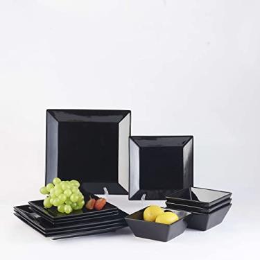 Imagem de DOMINI Conjunto de louça quadrada de 12 peças, serviço para 4, pratos de porcelana para jantar, quadrado, preto