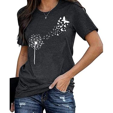 Imagem de Camiseta feminina de dente-de-leão com estampa de flores silvestres e flores de verão, Cinza, M
