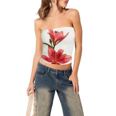 Imagem de Blusa feminina Y2k com estampa de lírio slim tubin, caimento justo, estampa floral, bandeau, camisa de umbigo, Vermelho coral, M