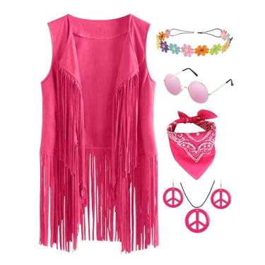 Imagem de CICOCI Roupas femininas dos anos 70 hippie dos anos 60, roupas de vaqueira, colete sem mangas, brincos de paz, acessórios de óculos de sol, rosa, G