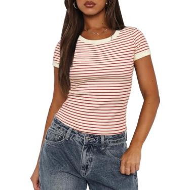 Imagem de Darong Camiseta feminina de verão, manga curta, gola redonda, listrada, caimento justo, malha canelada, Listra de ferrugem bege, G
