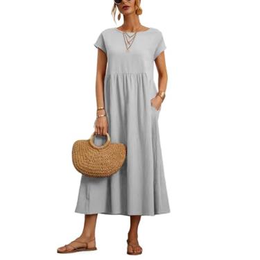 Imagem de Vestido feminino 2024 casual verão algodão com bolsos manga curta vestido midi camisa vestido, Cinza longo, P