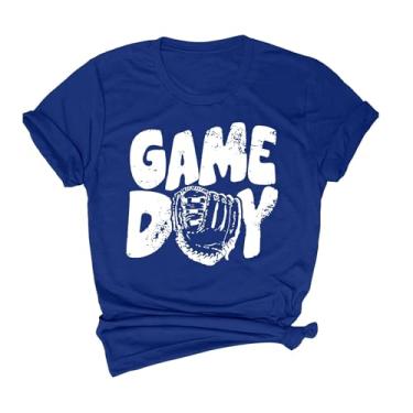 Imagem de Duobla Camiseta de beisebol feminina com estampa de dia do jogo, camisetas fofas de manga curta com estampa de letras, camisetas casuais de verão, Azul, G