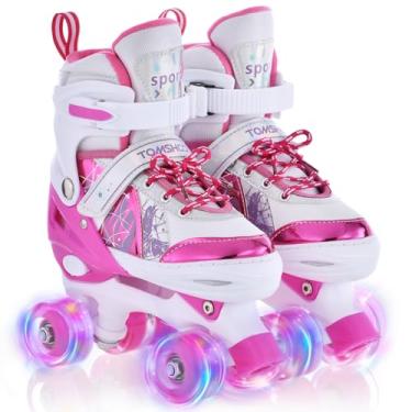 Imagem de TOMSHOO Patins para meninas crianças iniciantes, 4 tamanhos ajustáveis luzes rodas divertidas iluminadas roxo rosa patins para meninos e crianças pequenas (rosa, pequeno - criança pequena (10C-13C))