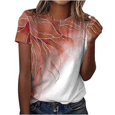 Imagem de MaMiDay 2024 Blusas estampadas modernas para mulheres de manga curta casual verão camisetas modernas gola redonda camisetas leves, Marrom, G