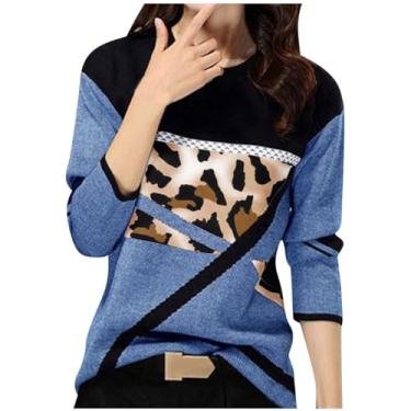 Imagem de Homisy Camisetas femininas modernas de manga comprida com patchwork color block top outono inverno blusas soltas e casuais, A#leopardo azul, M