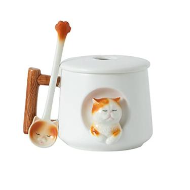 Imagem de DIHOclub Caneca de café de cerâmica com tampa e colher combinando, caneca de padrão de gato 3D novidade para chá leite suco de chocolate, copo bonito para amantes de cães, presentes perfeitos - 400 ml