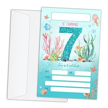 Imagem de RLCNOT Convites de aniversário com envelopes conjunto de 20 - Convites de festa de 7º aniversário oceano sob o mar para crianças, meninos ou meninas, celebração de festa infantil, suprimentos/BDAY061