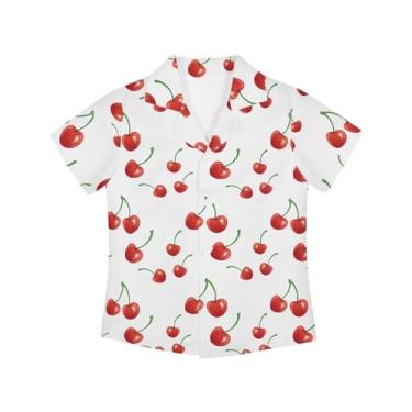 Imagem de Pugasmiru Camisa social havaiana com botões de manga curta para meninos 3-16 anos para viagem de férias, Cereja, 13-14 Years