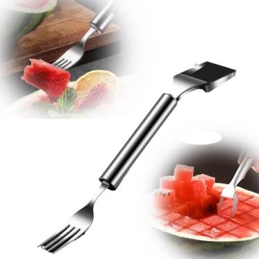 Imagem de UCGSMHTO Cortador de fatiador de melancia, 2 em 1, de aço inoxidável, cortador de frutas, garfo de melancia, garfo, cortador de frutas, ferramenta de fatiar garfo de melancia