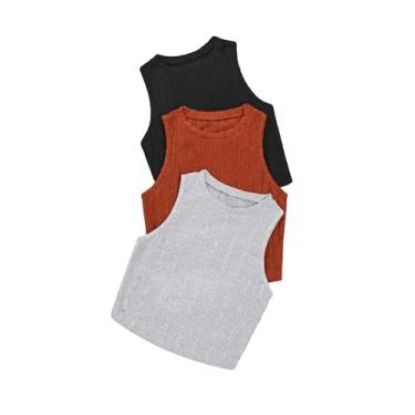 Imagem de GORGLITTER Camiseta regata feminina de malha canelada com 3 peças, sem mangas, gola redonda, Preto, laranja, cinza, M