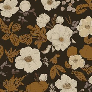 Imagem de Papel de parede floral Brwon Peel and Stick, papel de contato de flor bege com folha amarela 44,5 cm x 1,000 cm, papel de parede botânico vintage autoadesivo à prova d'água removível para prateleiras