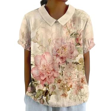 Imagem de Blusas femininas de linho com lapela e gola de manga curta lindas camisetas estampadas florais verão casual boho férias blusas túnicas, Caqui, G