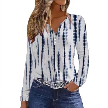 Imagem de Blusa feminina de outono 2024 fashion gola V manga longa pulôver casual ajuste solto confortável camiseta de botão, #012-cáqui, G