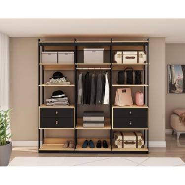 Imagem de Conjunto Closet Industrial 3 Modulado com 1 Cabideiro e 4 Gavetas com Puxador em Courinho Freijó/preto