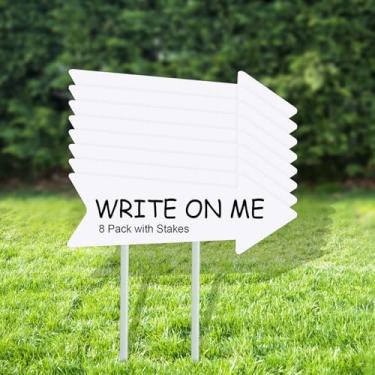 Imagem de 8 peças de placas de jardim personalizadas DIY com seta em branco com estacas, placas direcionais para quintal de casamento desta maneira, placas de festa de aniversário, estacionamento ao ar livre, guias de decoração