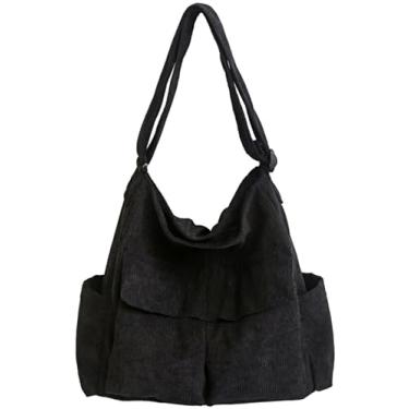 Imagem de Bolsa transversal de lona de veludo cotelê com vários bolsos bolsa de ombro 2025 unissex faculdade casual casal bolsa diária trabalho, B - preto