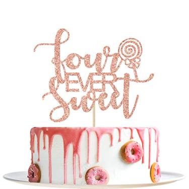 Imagem de Four Ever Sweet Cake Topper - Happy 4th Birthday, 4th Anniversary, Cheers to 4 Years, Donut Fourth Birthday Party Decorations (Rose Gold Glitter)