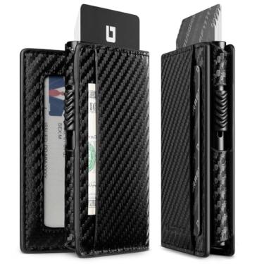 Imagem de DUGRAFT Carteira pop up com janela para identidade fina com bloqueio de RFID, capa masculina minimalista de alumínio para cartão de crédito com compartimentos de couro, Cf Preto, Minimalista