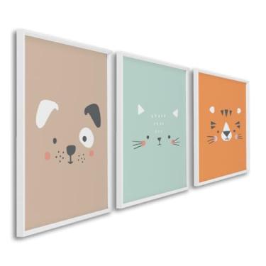 Imagem de Quadro Decorativo Infantil Trio Amigos Felinos e Caninos (Branco, 50x75 S/Vidro)