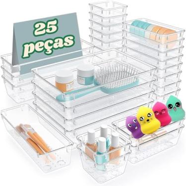 Imagem de House Organizer Kit 25 Peças Conjunto De Organizadores De Gavetas De Plástico Transparente, 4 Tamanhos, Bandejas Organizadoras De Gavetas Versáteis Para Banheiro, Cozinha, Escritório, Multiuso